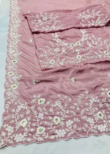 Dusty Pink Pure Chinon Silk Designer Wedding Saree close work