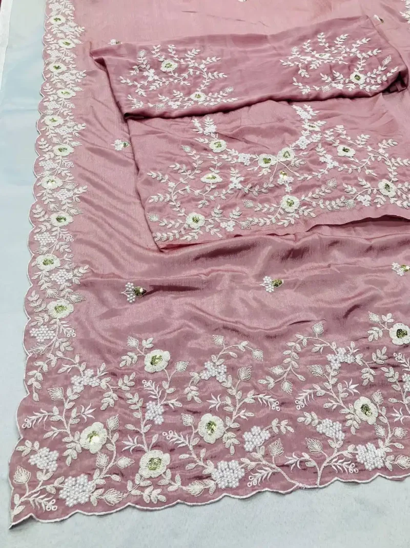 Dusty Pink Pure Chinon Silk Designer Wedding Saree close work