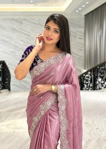 Dusty Pink Soft Chinon Silk Embroidered Wedding Saree close look