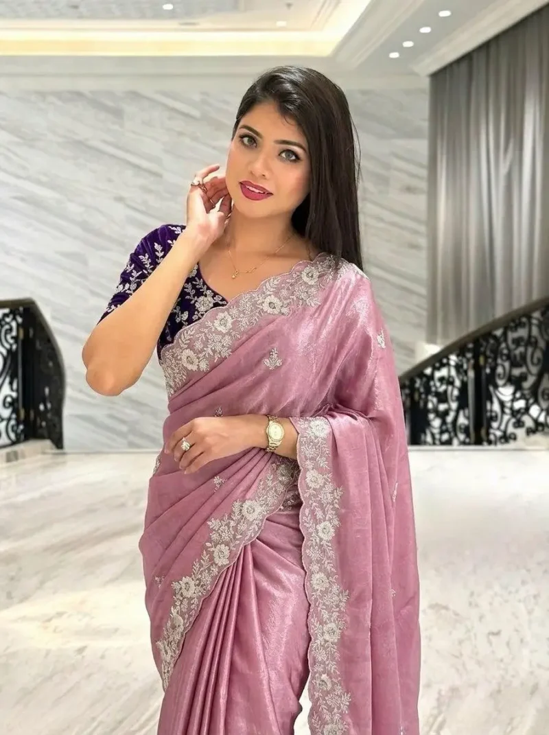 Dusty Pink Soft Chinon Silk Embroidered Wedding Saree close look
