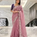 Dusty Pink Soft Chinon Silk Embroidered Wedding Saree