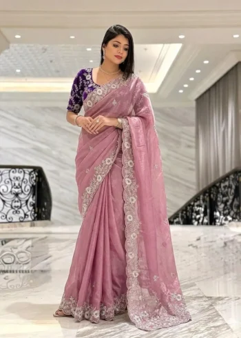 Dusty Pink Soft Chinon Silk Embroidered Wedding Saree