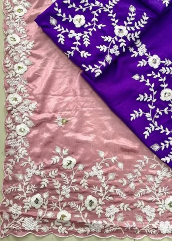 Dusty Pink Soft Chinon Silk Embroidered Wedding Saree real border work