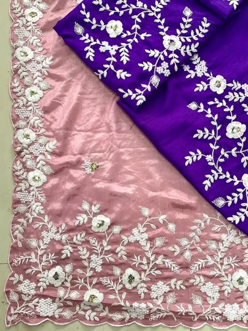 Dusty Pink Soft Chinon Silk Embroidered Wedding Saree real border work
