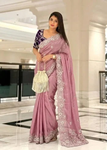 Dusty Pink Soft Chinon Silk Embroidered Wedding Saree front look