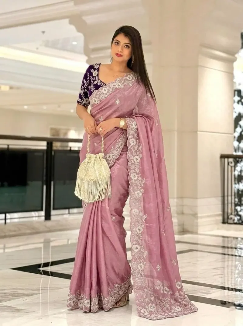 Dusty Pink Soft Chinon Silk Embroidered Wedding Saree front look