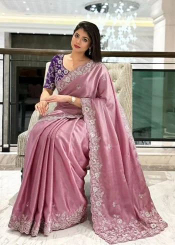 Dusty Pink Soft Chinon Silk Embroidered Wedding Saree sitting pose