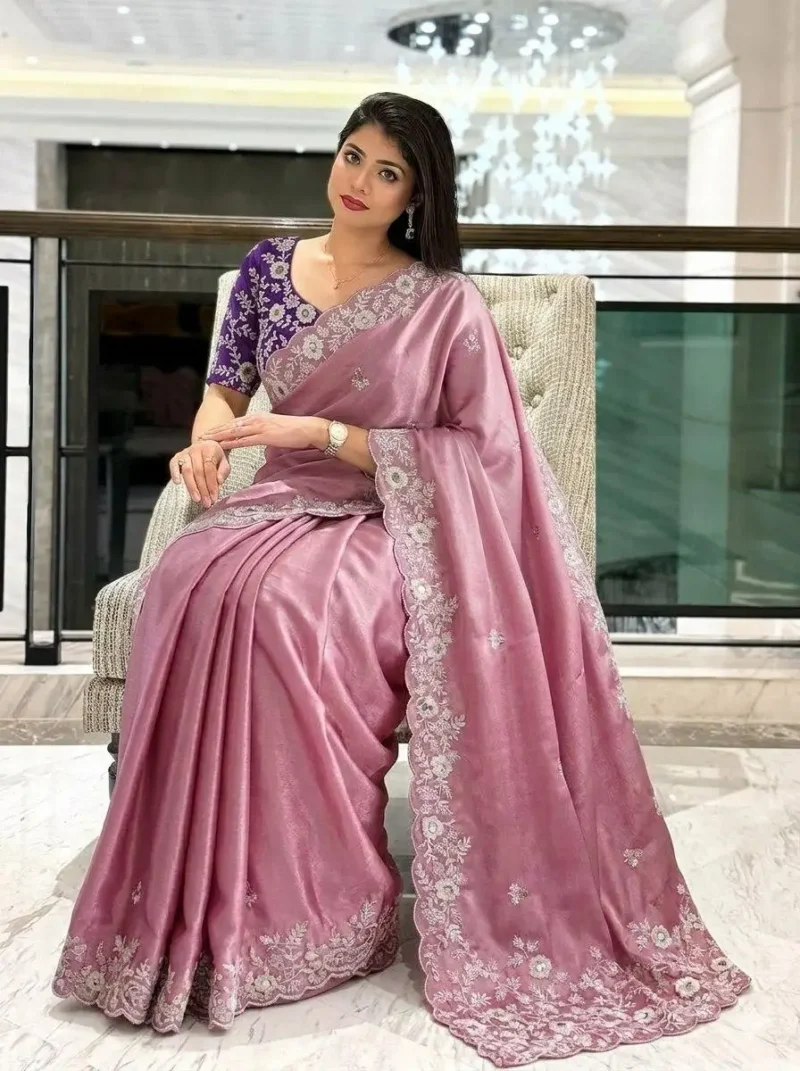 Dusty Pink Soft Chinon Silk Embroidered Wedding Saree sitting pose