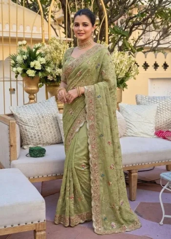 Elegant Green Star Georgette Embroidered Party Wear Saree Front look