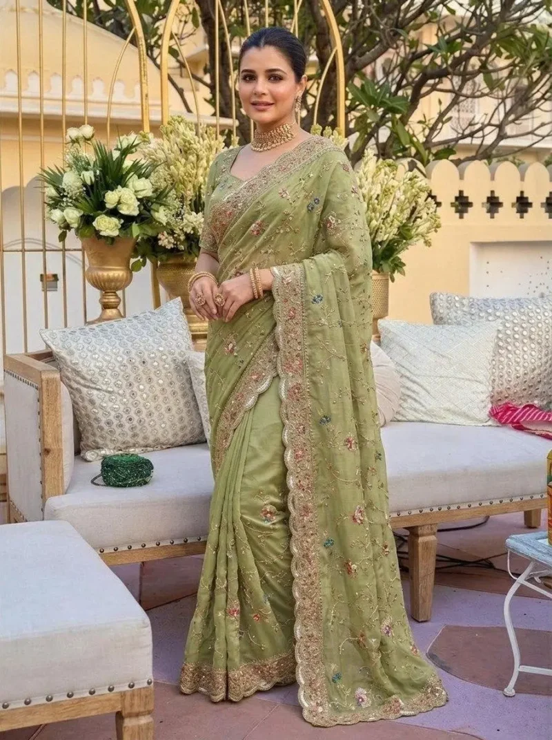 Elegant Green Star Georgette Embroidered Party Wear Saree Front look