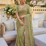 Elegant Green Star Georgette Embroidered Party Wear Saree full look