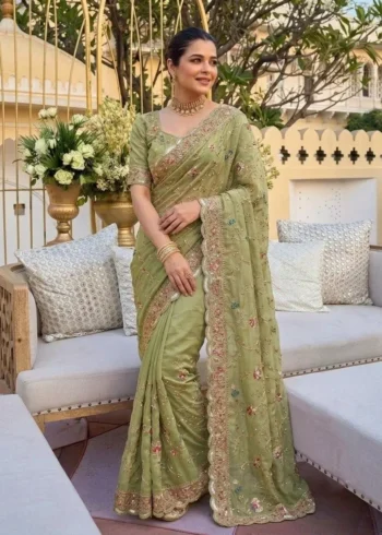 Elegant Green Star Georgette Embroidered Party Wear Saree full look