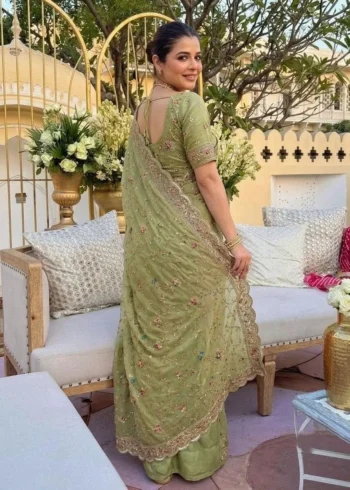 Elegant Green Star Georgette Embroidered Party Wear Saree back side design