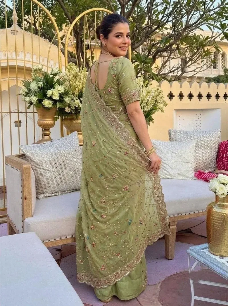 Elegant Green Star Georgette Embroidered Party Wear Saree back side design