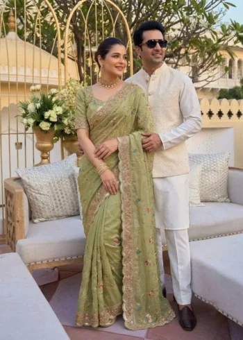 Elegant Green Star Georgette Embroidered Party Wear Saree Coupleposing