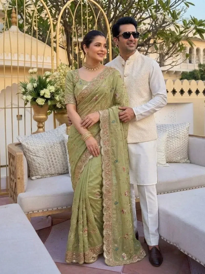 Elegant Green Star Georgette Embroidered Party Wear Saree Coupleposing