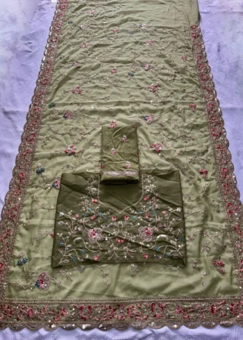 Elegant Green Star Georgette Embroidered Party Wear Saree Live image