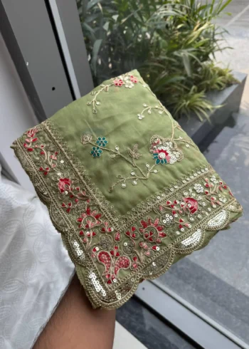 Elegant Green Star Georgette Embroidered Party Wear Saree Close work