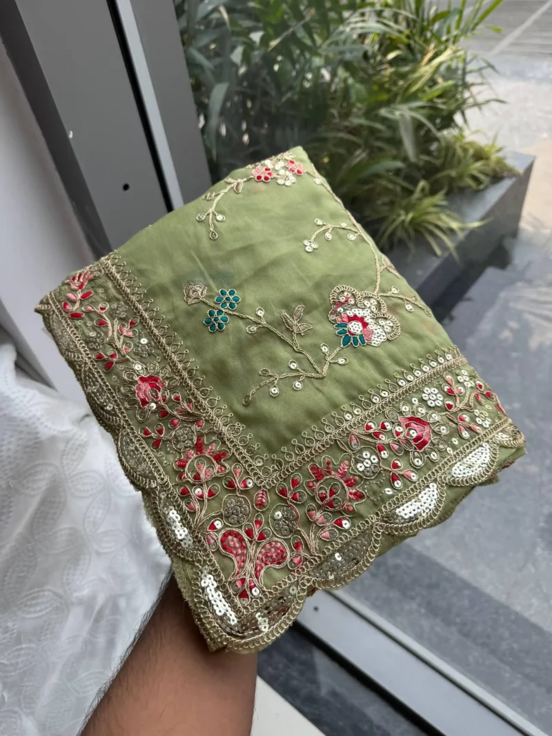Elegant Green Star Georgette Embroidered Party Wear Saree Close work