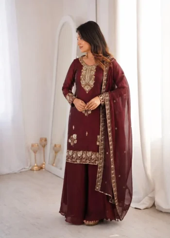 Maroon Fandy Silk Top Palazzo Suit Set with Sequins Embroidery side look