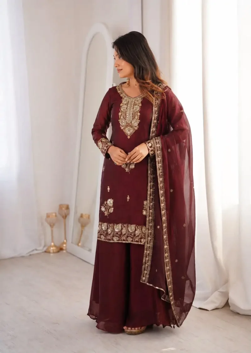 Maroon Fandy Silk Top Palazzo Suit Set with Sequins Embroidery side look