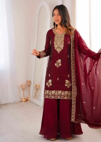 Maroon Fandy Silk Top Palazzo Suit Set with Sequins Embroidery full look