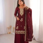 Maroon Fandy Silk Top Palazzo Suit Set with Sequins Embroidery front look