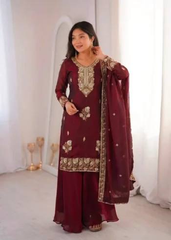 Maroon Fandy Silk Top Palazzo Suit Set with Sequins Embroidery front look