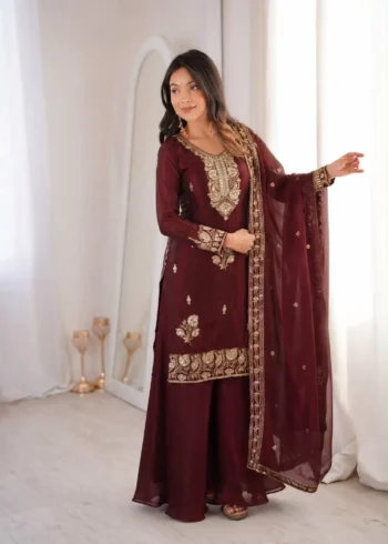 Maroon Fandy Silk Top Palazzo Suit Set with Sequins Embroidery dupatta look