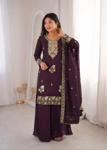 Wine Fandy Silk Top Palazzo Suit Set with Sequins Embroidery front look