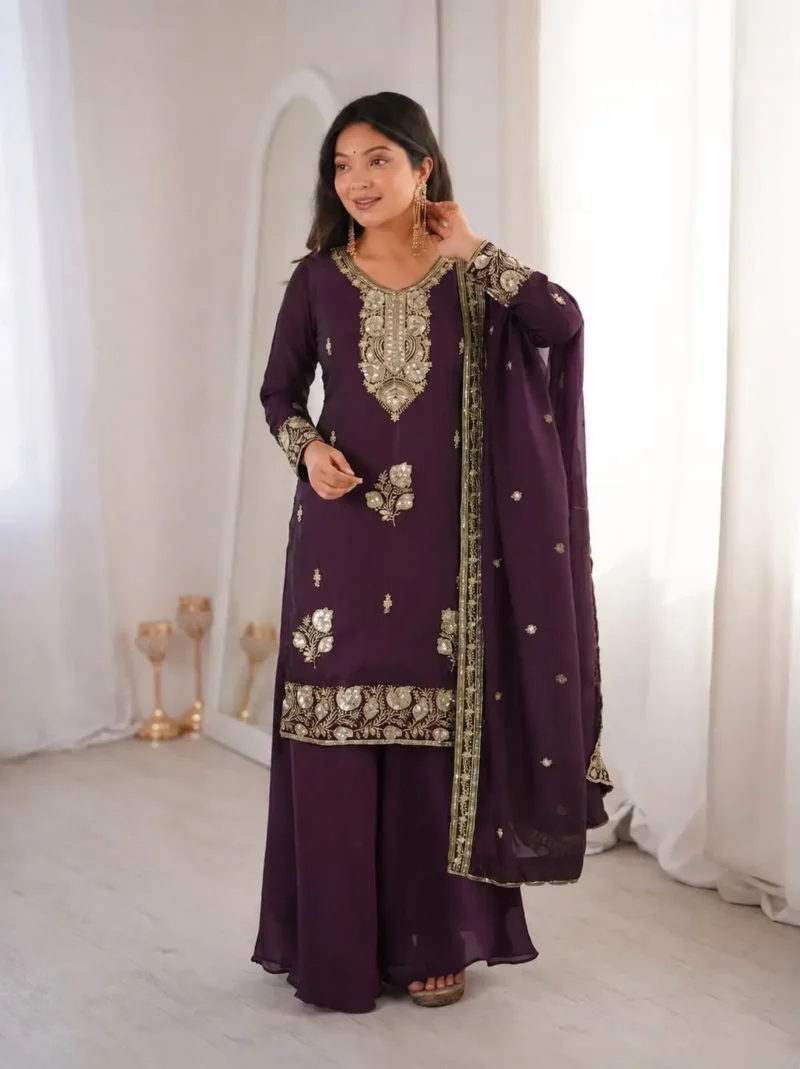 Wine Fandy Silk Top Palazzo Suit Set with Sequins Embroidery front look