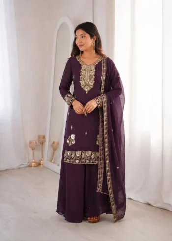 Wine Fandy Silk Top Palazzo Suit Set with Sequins Embroidery full look