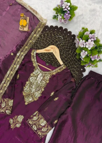 Wine Fandy Silk Top Palazzo Suit Set with Sequins Embroidery close work