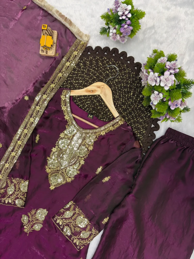 Wine Fandy Silk Top Palazzo Suit Set with Sequins Embroidery close work