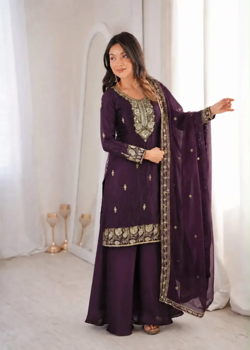 Wine Fandy Silk Top Palazzo Suit Set with Sequins Embroidery front look