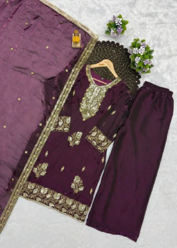 Wine Fandy Silk Top Palazzo Suit Set with Sequins Embroidery live image