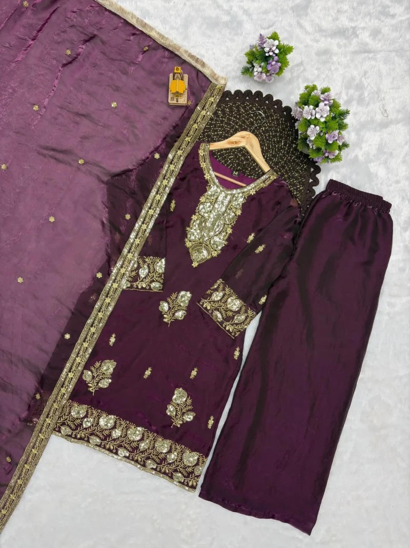 Wine Fandy Silk Top Palazzo Suit Set with Sequins Embroidery live image
