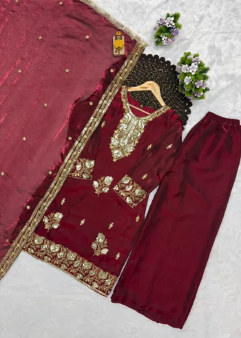 Maroon Fandy Silk Top Palazzo Suit Set with Sequins Embroidery live image