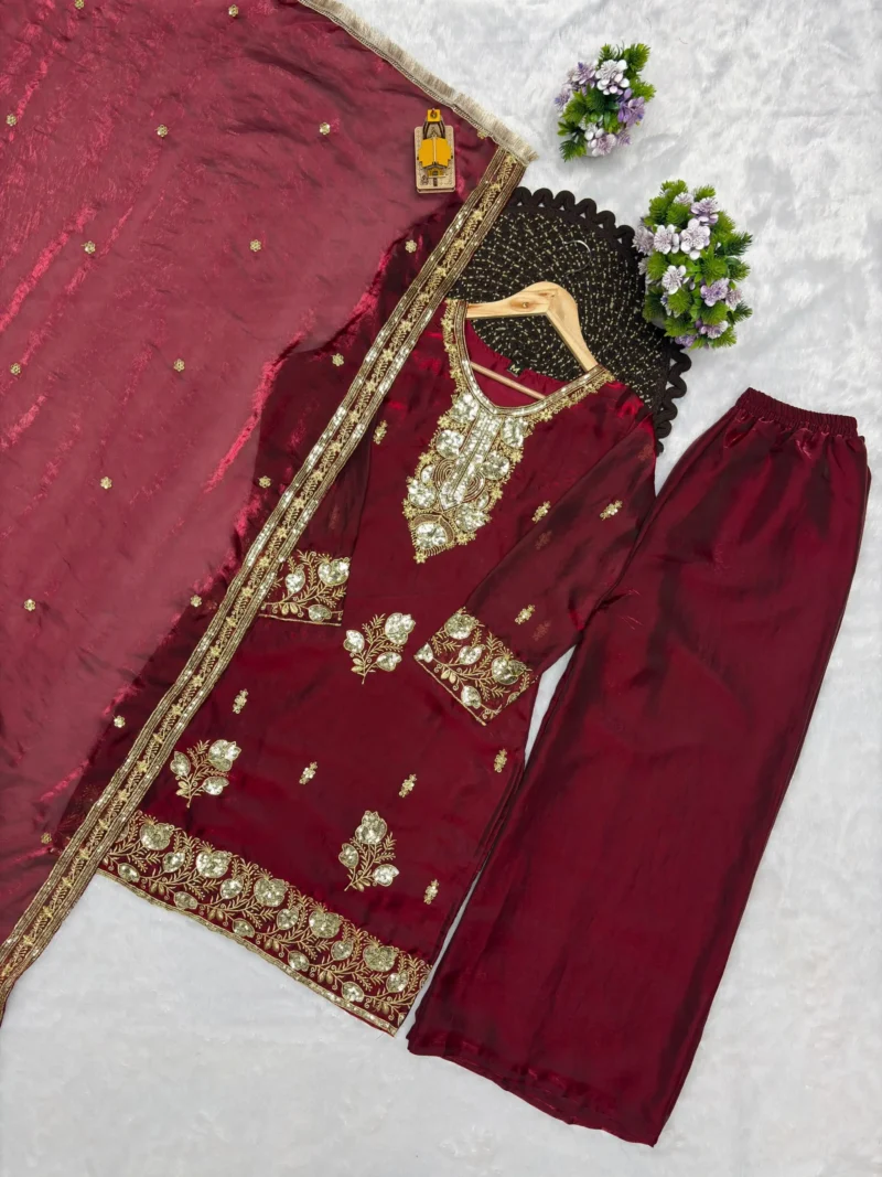 Maroon Fandy Silk Top Palazzo Suit Set with Sequins Embroidery live image