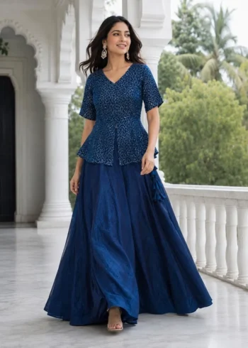 Blue Colour Fendy Satin Bridesmaid Lehenga Choli with Sequins Embroidery front flair