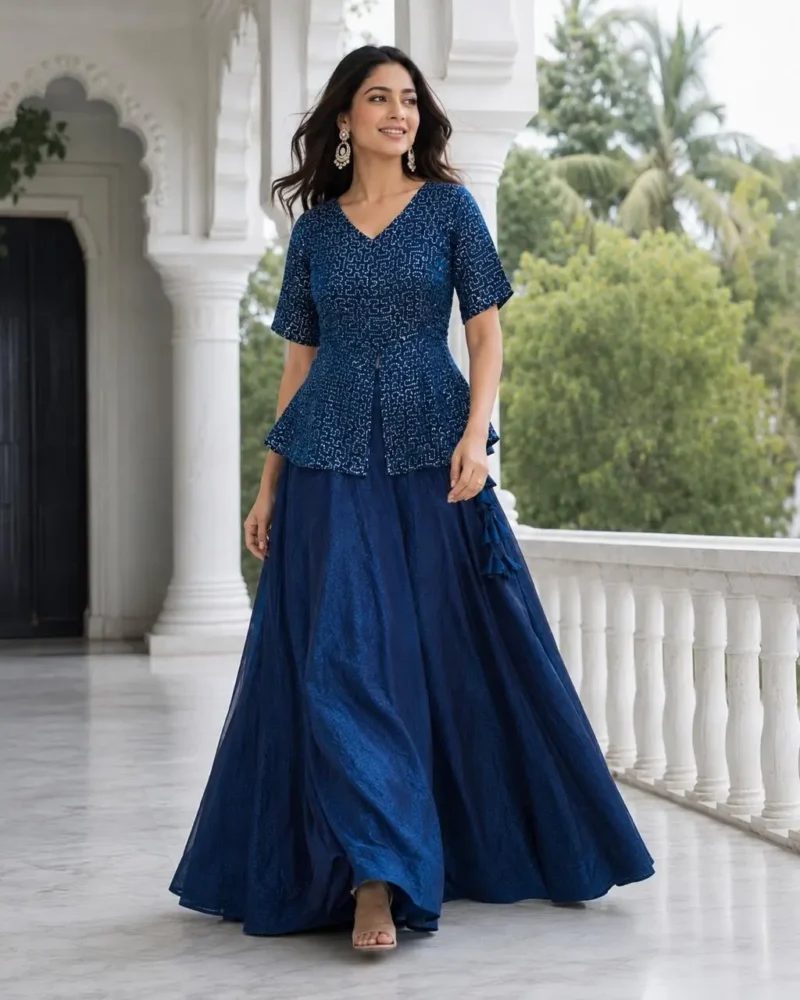 Blue Colour Fendy Satin Bridesmaid Lehenga Choli with Sequins Embroidery front flair
