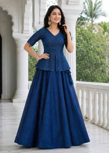 Blue Colour Fendy Satin Bridesmaid Lehenga Choli with Sequins Embroidery front look