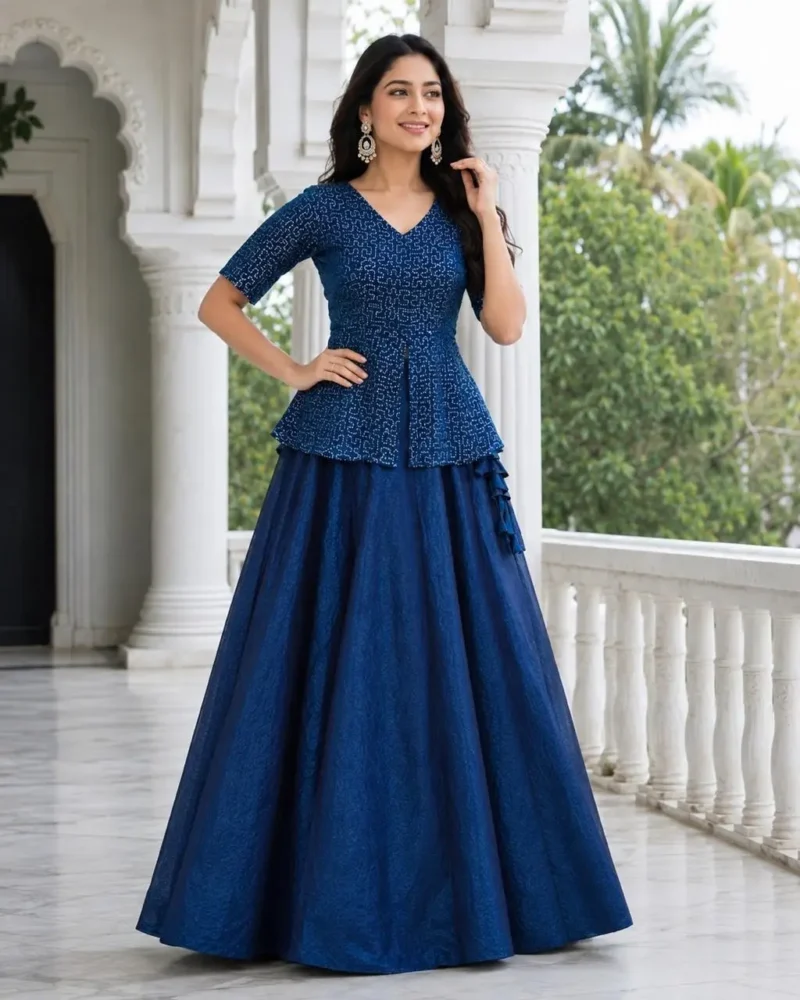 Blue Colour Fendy Satin Bridesmaid Lehenga Choli with Sequins Embroidery front look