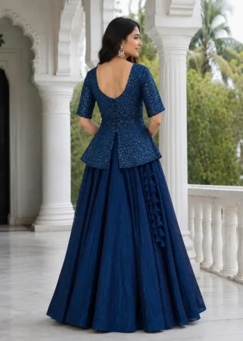 Blue Colour Fendy Satin Bridesmaid Lehenga Choli with Sequins Embroidery back side design