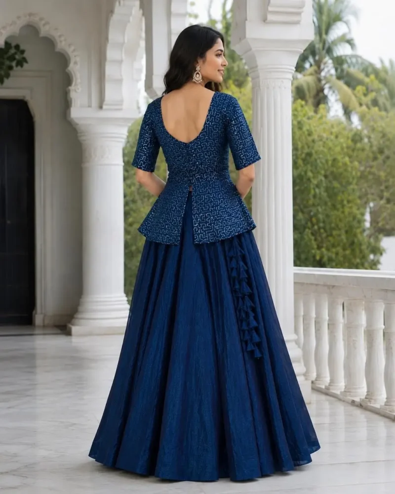 Blue Colour Fendy Satin Bridesmaid Lehenga Choli with Sequins Embroidery back side design