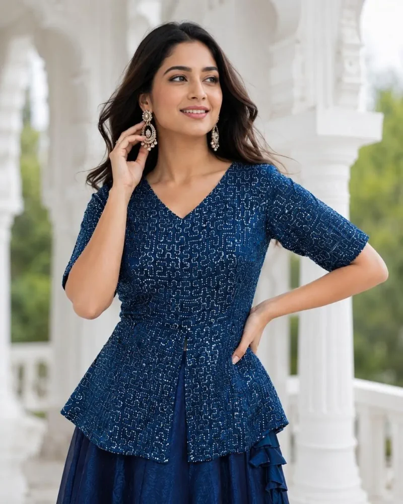 Blue Colour Fendy Satin Bridesmaid Lehenga Choli with Sequins Embroidery top close look