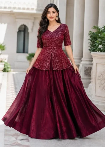 Maroon Colour Fendy Satin Bridesmaid Lehenga Choli with Sequins Embroidery flair