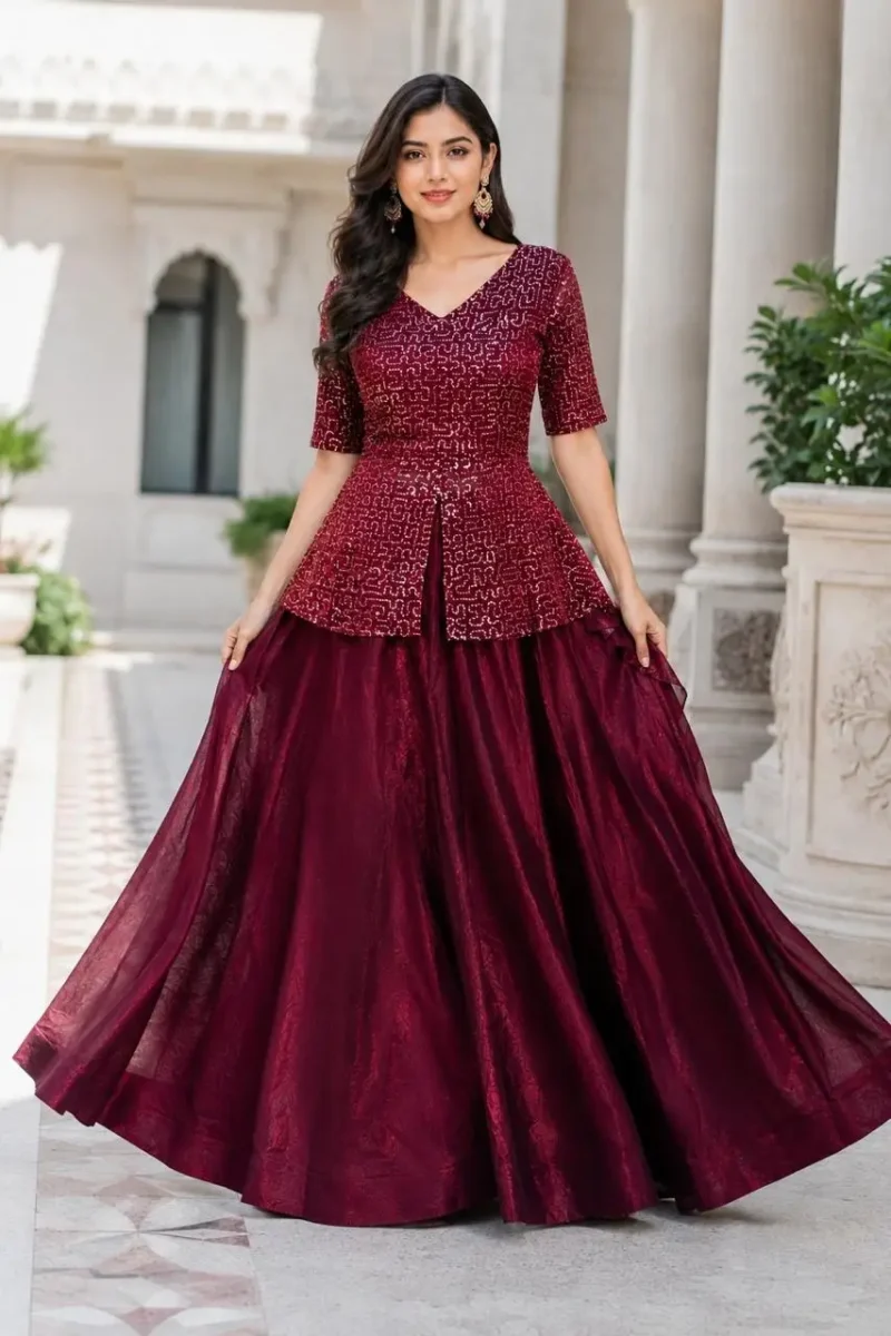 Maroon Colour Fendy Satin Bridesmaid Lehenga Choli with Sequins Embroidery flair