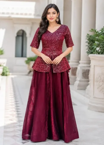 Maroon Colour Fendy Satin Bridesmaid Lehenga Choli with Sequins Embroidery front