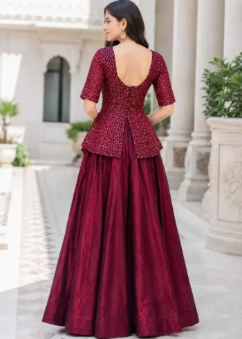 Maroon Colour Fendy Satin Bridesmaid Lehenga Choli with Sequins Embroidery back design